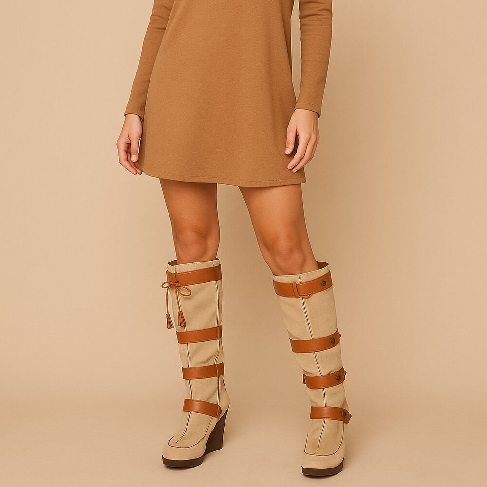 L.A.M.B. Suede & Leather Wedge Boots — Size 6